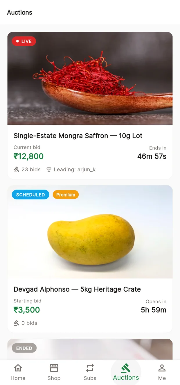 Live, scheduled and ended lots